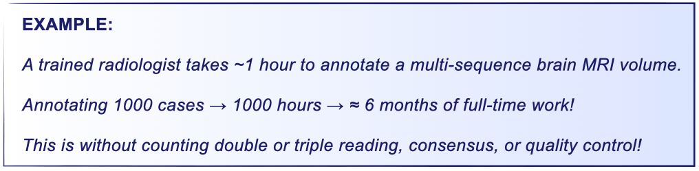 an example showing that annotating 1000 MRI cases can require around 1000 hours, equivalent to six months of full-time radiologist work without considering multiple reading, consensus, or quality control.