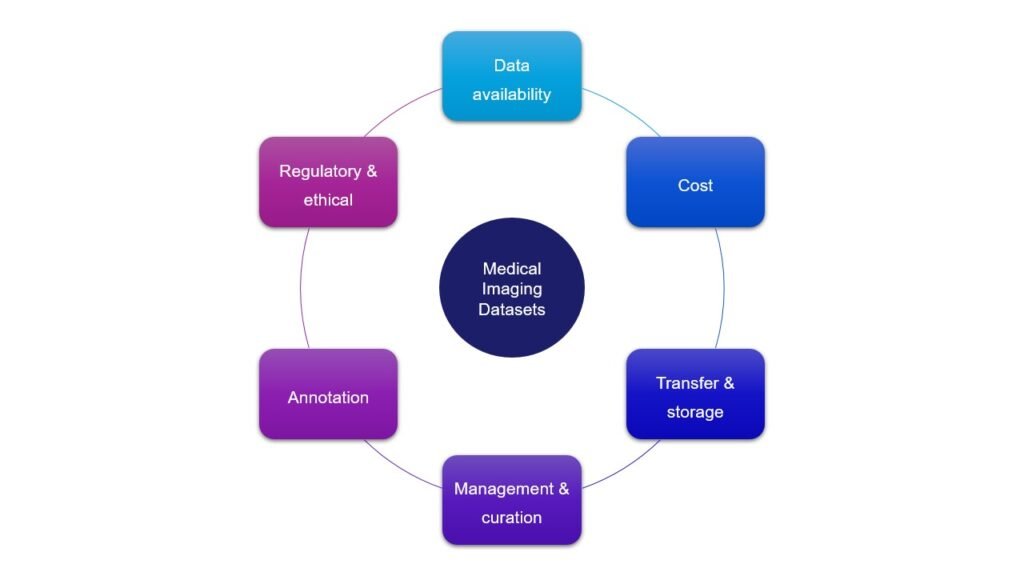 Circular diagram illustrating key constraints in medical imaging data workflows — including data availability, cost, transfer and storage, management and curation, annotation, and regulatory and ethical considerations.