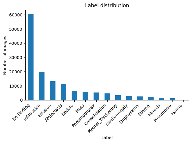Bar chart showing the frequency of clinical labels in the NIH Chest X-ray14 dataset, illustrating the prevalence of specific pathologies (Infiltration, Effusion).