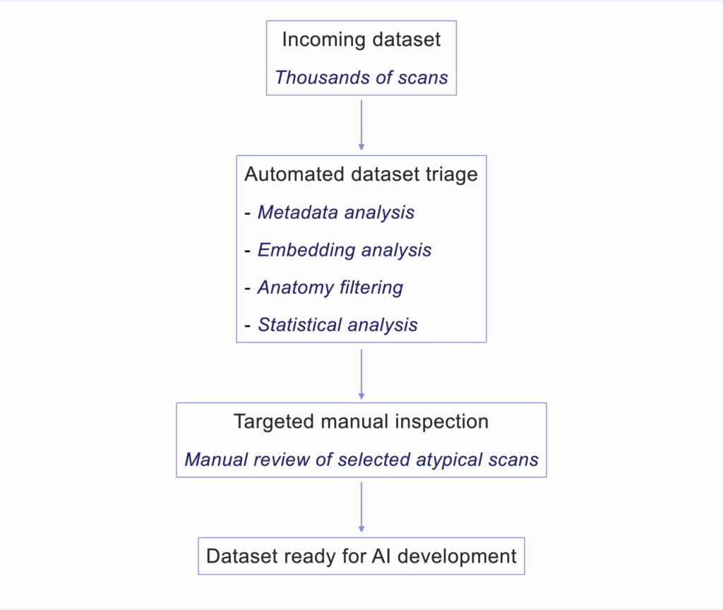 Diagram illustrating scalable dataset triage for medical imaging AI: incoming dataset → automated triage (metadata analysis, embedding analysis, anatomy filtering, statistical analysis) → targeted manual inspection → dataset ready for AI development.