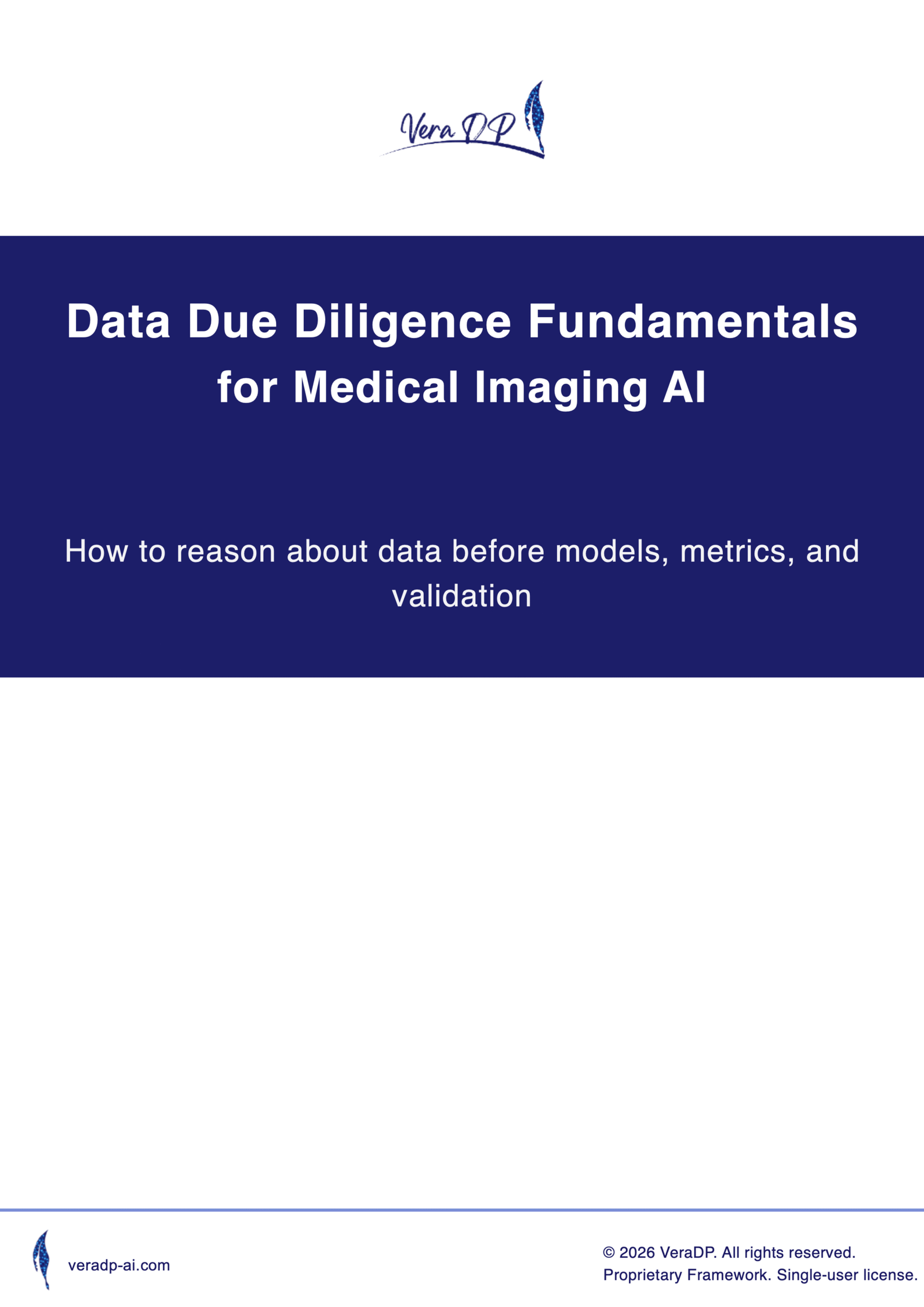 Cover image for the “Data Due Diligence Fundamentals for Medical Imaging AI,” a conceptual resource on how to reason about data before models, metrics, and validation.